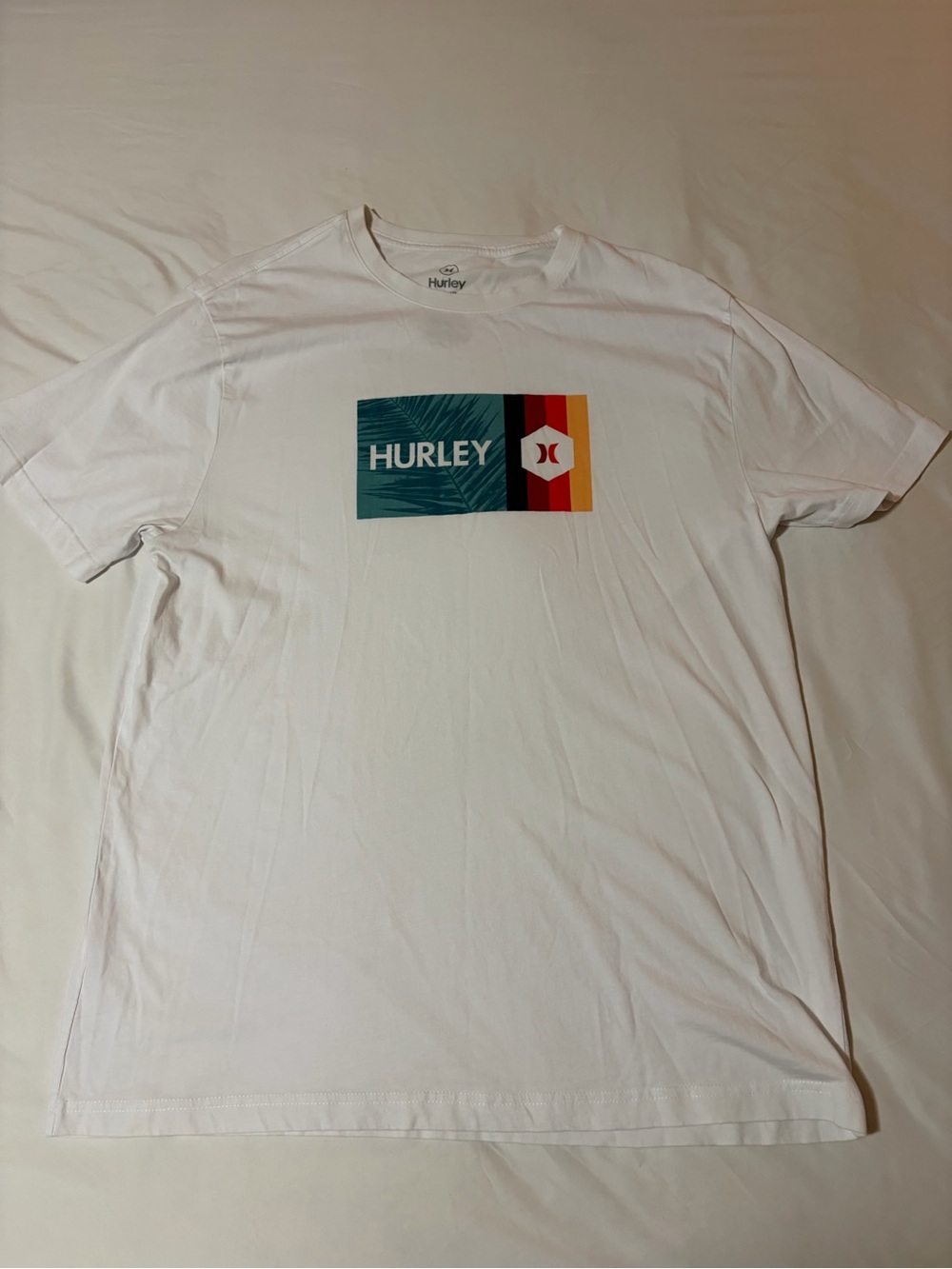 Hurley White Short Sleeve Tee with Teal and Sunset Stripe Logo